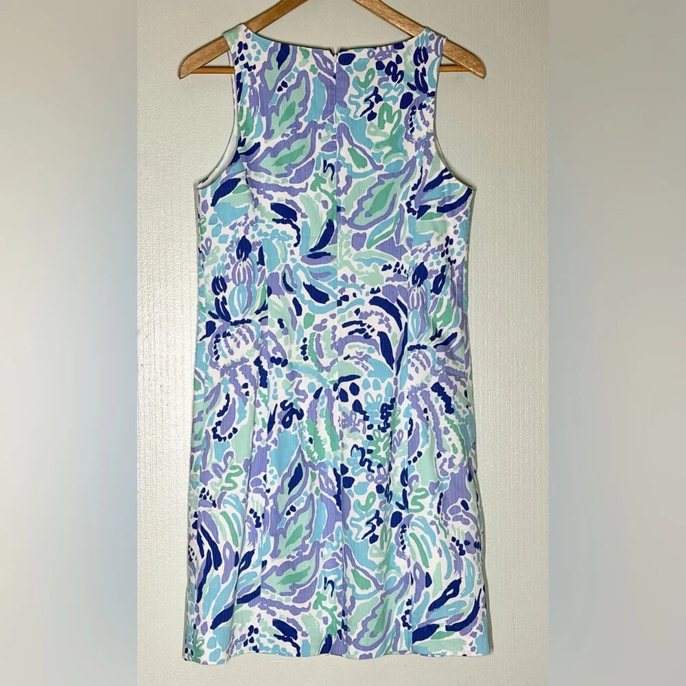 Lilly Pulitzer Mint, Aqua & Lavender Printed Shift Dress with White Lace Trim - Picture 2 of 4